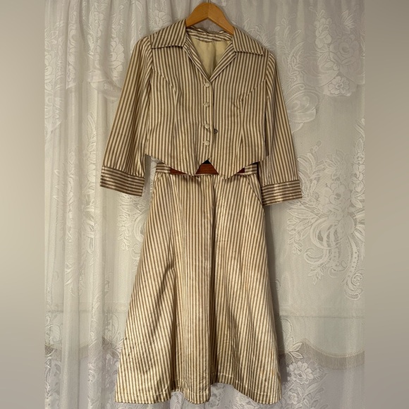 Vintage Dresses & Skirts - Authentic 1940s Handmade Satin Two Piece Dress Set Striped Vintage